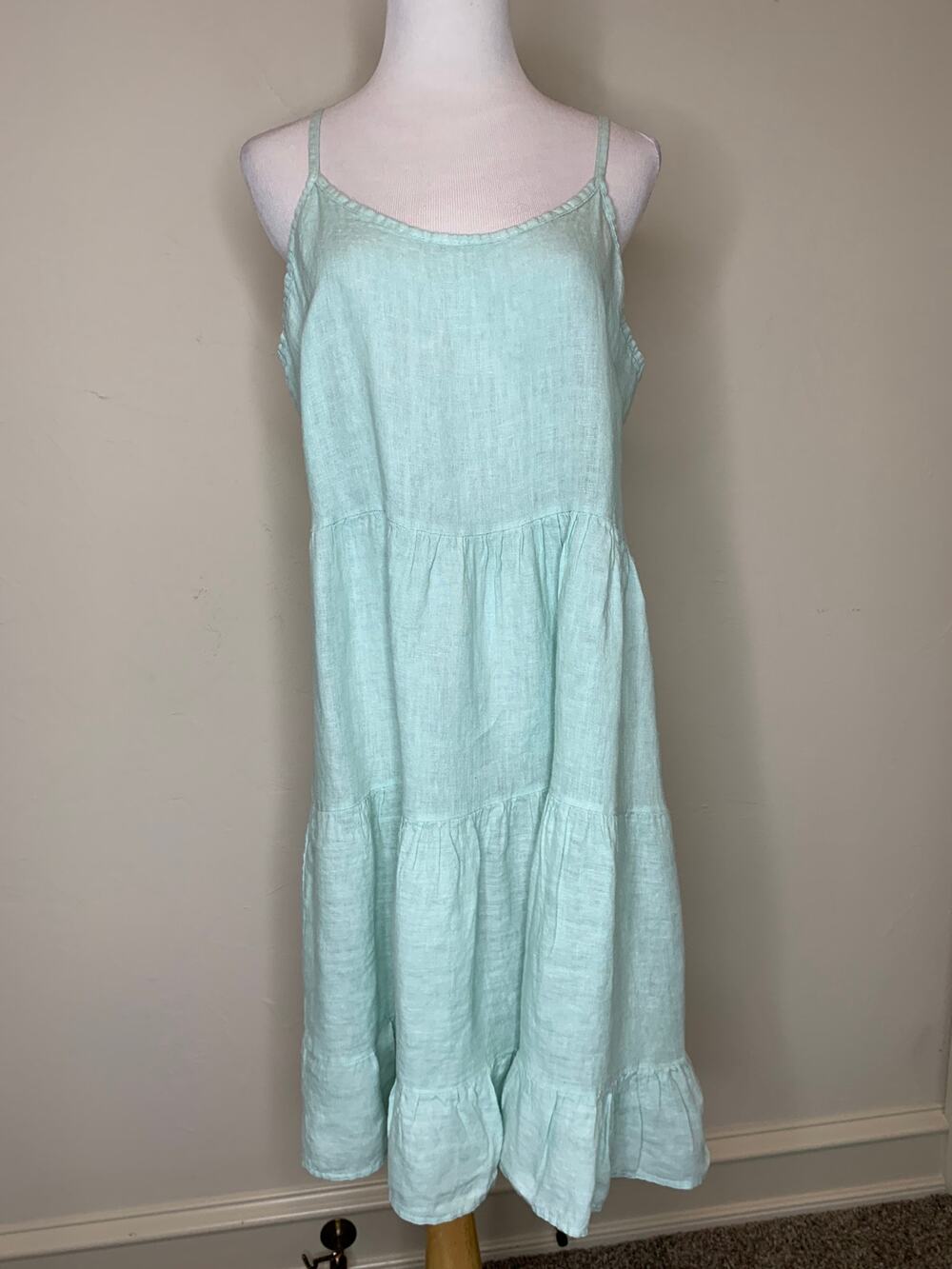 Green Linen Valentina Naldi Italy Tiered Flowy Dress Sz Large Cottage Preppy